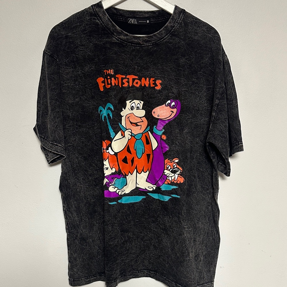 Zara Black Flintstones Graphic Acid Wash Tee